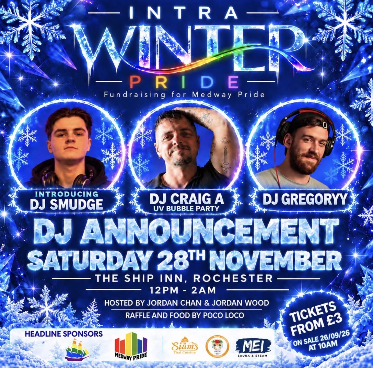 Intra Winter Pride DJ announcement featuring DJ Smudge, DJ Craig A and DJ Gregoryy